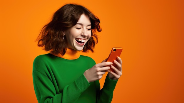 Happy smiling young woman is using her smartphone against orange background