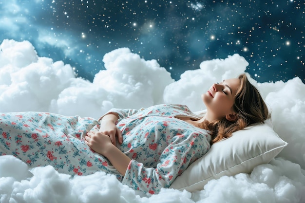 happy smiling young woman in pajamas sleeping on white clouds against the night sky