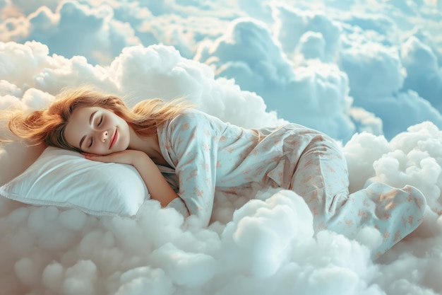 happy smiling young woman in pajamas sleeping on white clouds in the sky in sunlight