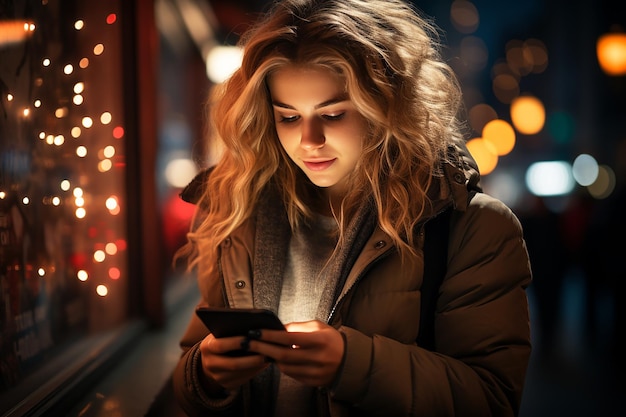 Happy smiling young woman using the phone on a city street Festive background