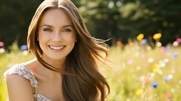 Photo happy smiling young woman with beautiful long brown hair