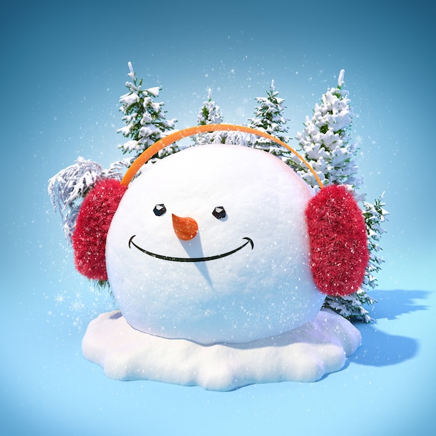 Happy snowman head in a earmuff on a snowdrift on blue background. Unusual christmas illustration.