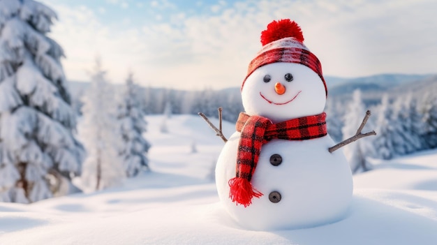 Happy snowman in a snowy landscape