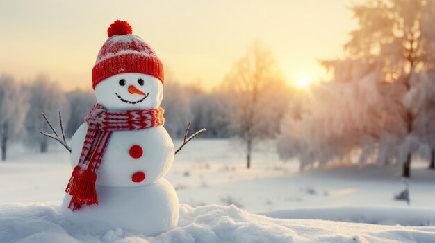 Happy snowman in a snowy landscape