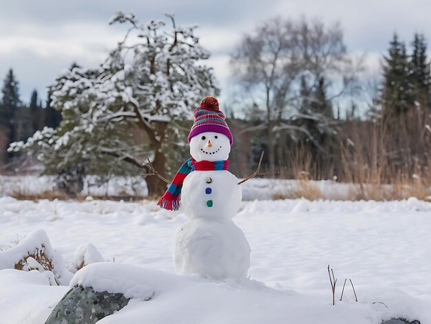 Photo happy snowman in a snowy winter day