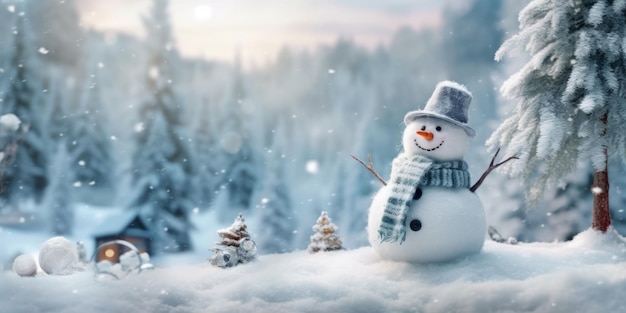 Happy snowman standing in christmas landscapeSnow backgroundWinter fairytale