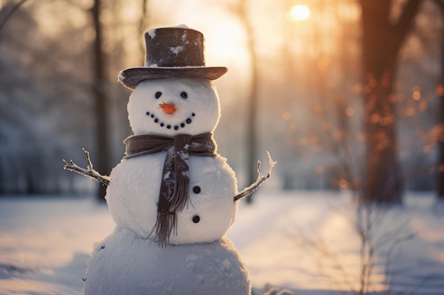 Happy snowman standing in winter christmas landscape Snow background ai generative