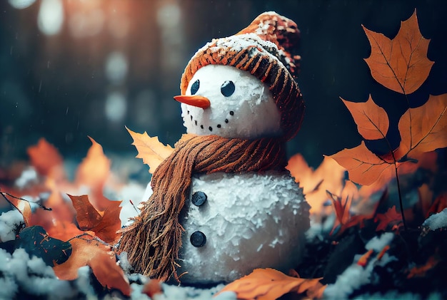 Happy snowman in winter secenery background