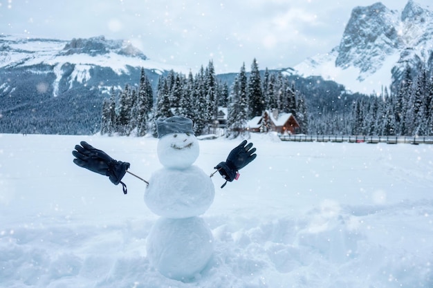 Happy snowman with beanie and glove in wintertime on wooden house village background