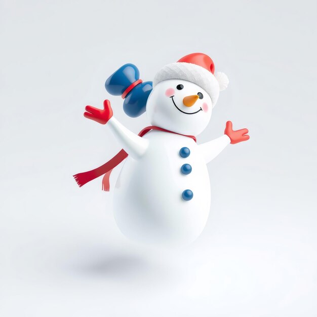 Photo happy snowman with red scarf and hat waving