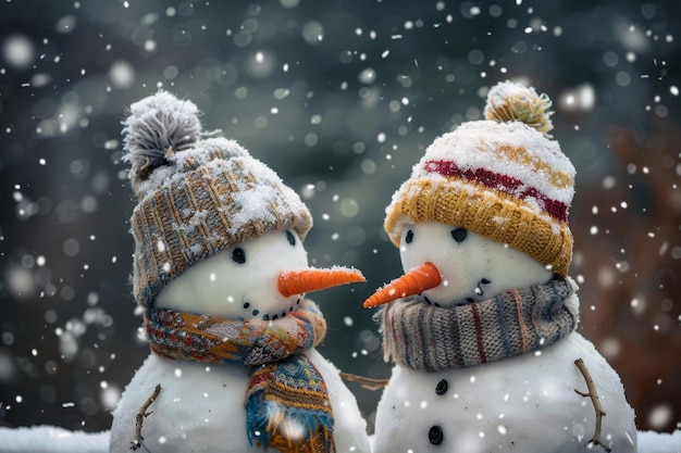 Photo happy snowmen in knit hats and scarves enjoy winter snowfall on blurred background