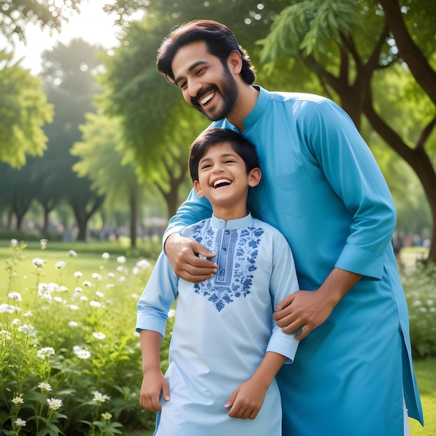 happy son and father in village celebrating a father day