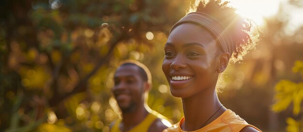 Happy Sporty Couple Warming Up Outdoors for Marathon in Bright Sunlight