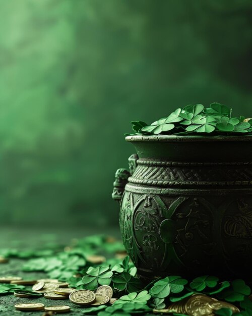 Happy St Patrick Day concept with cauldron of gold coins and Green beer pint Patricks day shamrock c