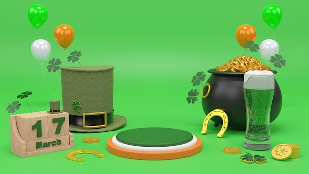 Happy St. Patrick's Day greeting Podium, beer glass and green hat on bright green background. 3d Rendering