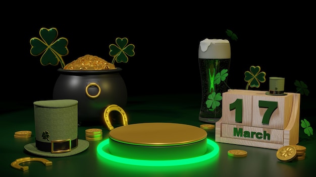 Happy St. Patrick's Day greeting Podium, beer glass and green hat on bright green background. 3d Rendering