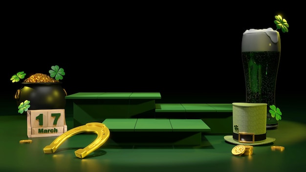 Happy St. Patrick's Day greeting Podium, beer glass and green hat on bright green background. 3d Rendering