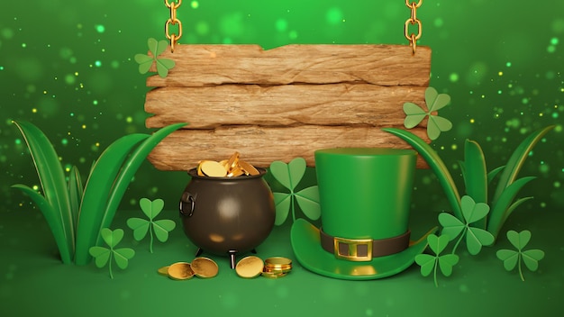 Happy St Patricks Day background banner greeting card Wooden background with clover symbols of the holiday with a place for your inscription 3d illustration