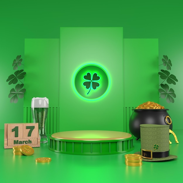 Happy St Patricks Day greeting Podium beer glass and green hat on bright green background 3d Rendering