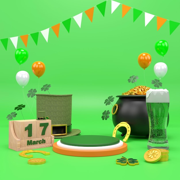 Happy St Patricks Day greeting Podium beer glass and green hat on bright green background 3d Rendering