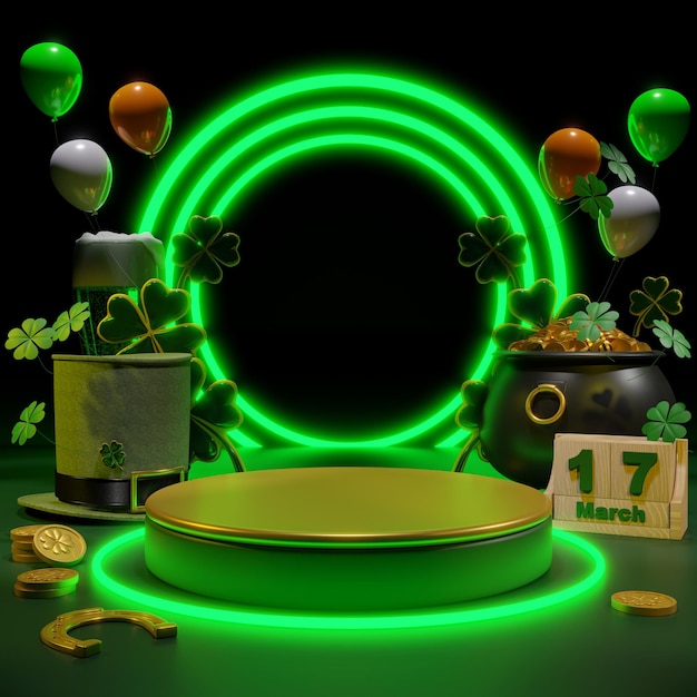 Happy St Patricks Day greeting Podium beer glass and green hat on bright green background 3d Rendering