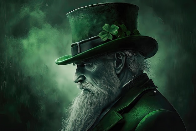 Happy St Patricks Day Man drink a beer Lepricon hat with glasses in the shape of a three leaf clover on a green background Nonexistent person Irish traditions concept Generative of AI