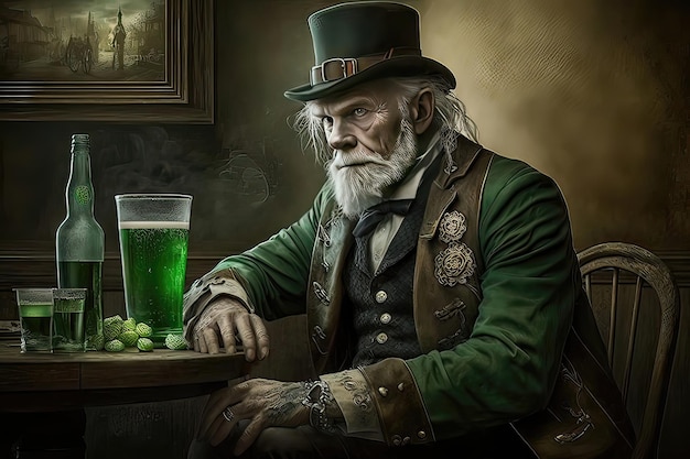 Happy St Patricks Day Man drink a beer Lepricon hat with glasses in the shape of a three leaf clover on a green background Nonexistent person Irish traditions concept Generative of AI