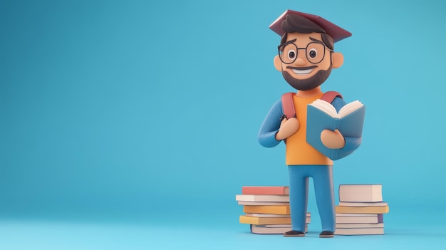 Photo happy student holding a book with stack of books in background a cheerful 3d cartoon student