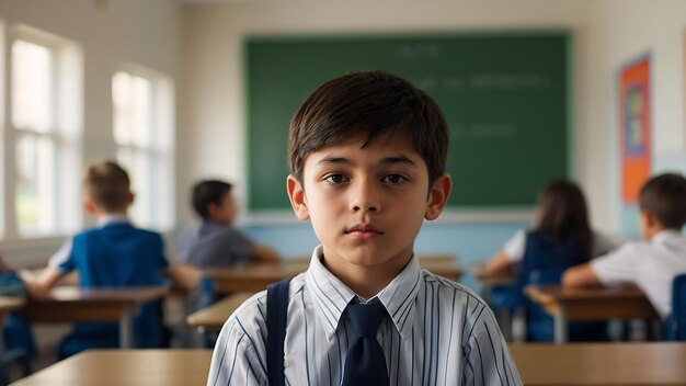 Happy student modern school boy wearing uniform holding books and bag Back to school