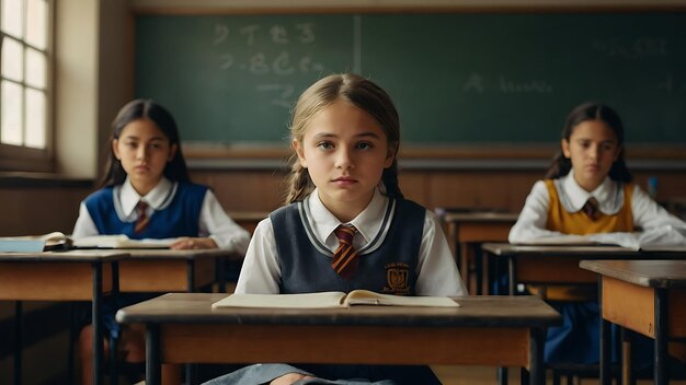 Happy student modern school girl wearing uniform holding books Back to school