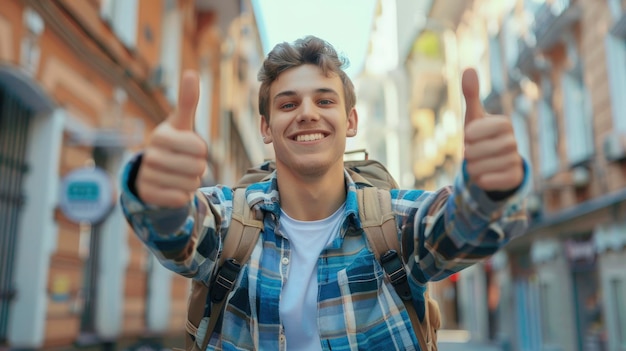 A Happy Student Posed With Thumbs Up In The Street Celebrating A Successful DayHigh Resolution