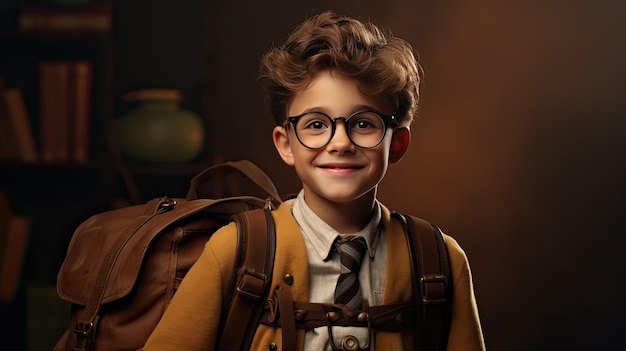 Happy student with a backpack on a brown backdrop