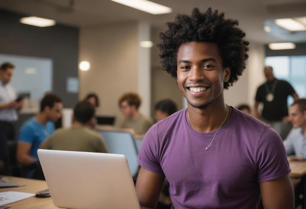 Happy student with laptop in a dynamic learning environment