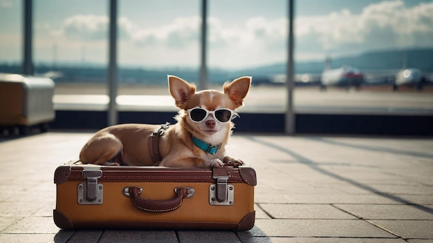 Happy stylish Chihuahua dog on a trip adorable funny dog sitting in open suitcase on airport background concept of traveling summer holiday fashion dog happy trip Generative AI