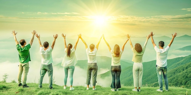 Photo happy success diverse group celebrating at sunrise on mountain top