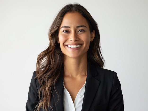 Happy successful businesswoman smiling at camera over white studio background AI Generative