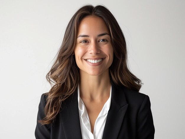 Happy successful businesswoman smiling at camera over white studio background AI Generative