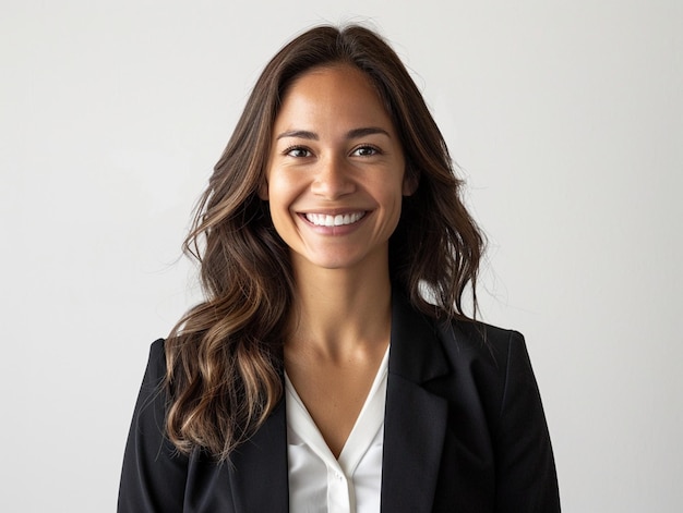 Happy successful businesswoman smiling at camera over white studio background AI Generative