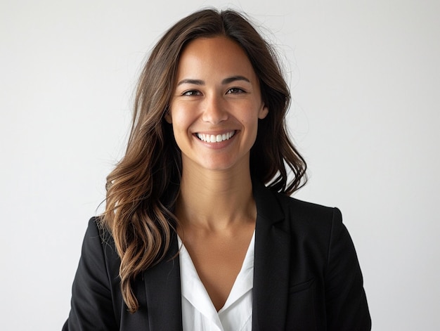 Happy successful businesswoman smiling at camera over white studio background AI Generative