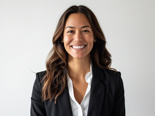 Happy successful businesswoman smiling at camera over white studio background AI Generative