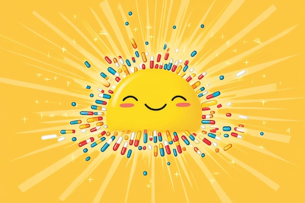 Photo happy sun made of colorful pills radiating beams representing the joy and warmth of good health and