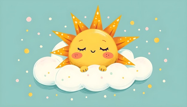 Photo a happy sun with closed eyes and golden rays relaxes atop a soft cloud floating in the sky