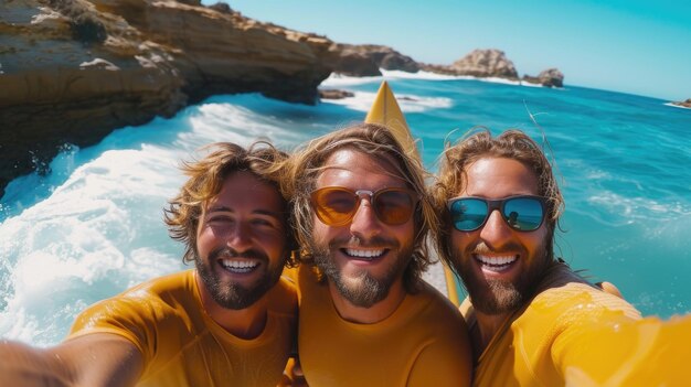 Happy surfing friends are taking selfie in sea with blue blurry sea in backdrop Generative AI