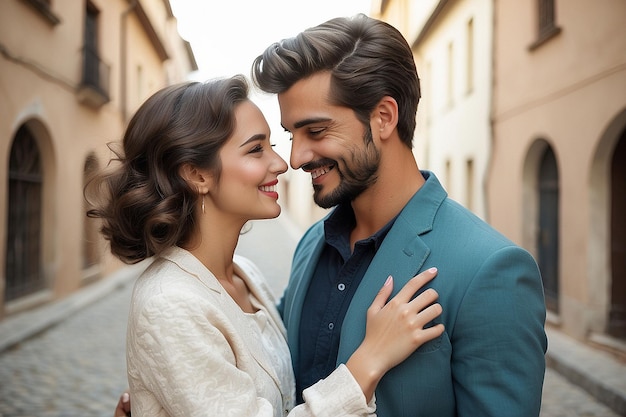 Photo happy sweet couple in love cuddling and smiling gently in stylish elegance