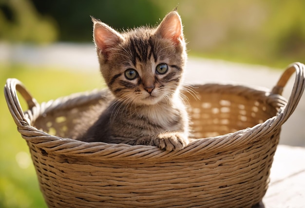 Happy tabby kitten sitting in a basket