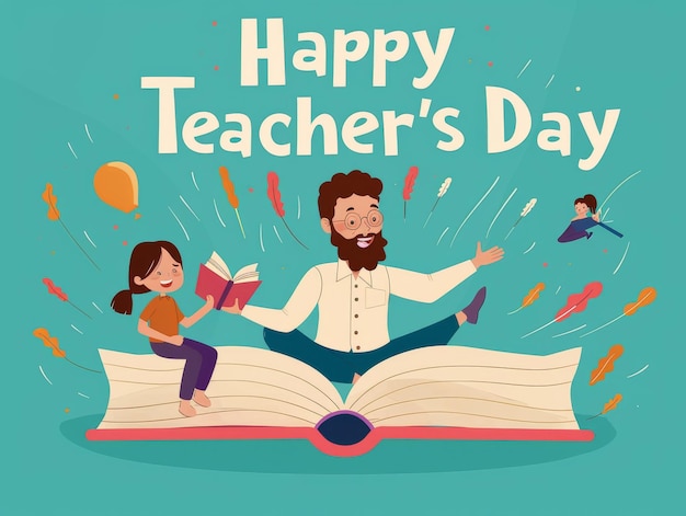 Happy Teacher Day banner with a teacher and a student sitting on a giant book