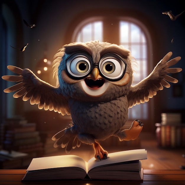 Photo happy teacher owl flying in the air pixar style