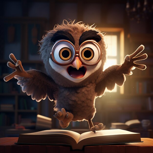 Photo happy teacher owl flying in the air pixar style