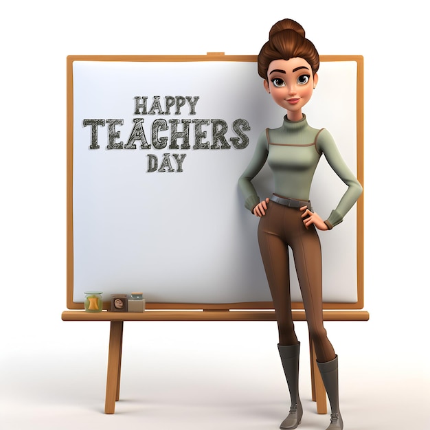 Happy Teacher's day banner or poster photo with 3d teacher character in classroom Ai generated