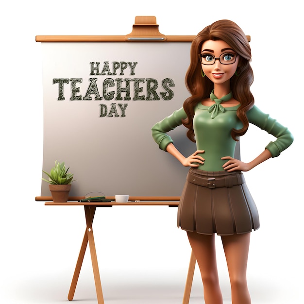 Happy Teacher's day banner or poster photo with 3d teacher character in classroom Ai generated